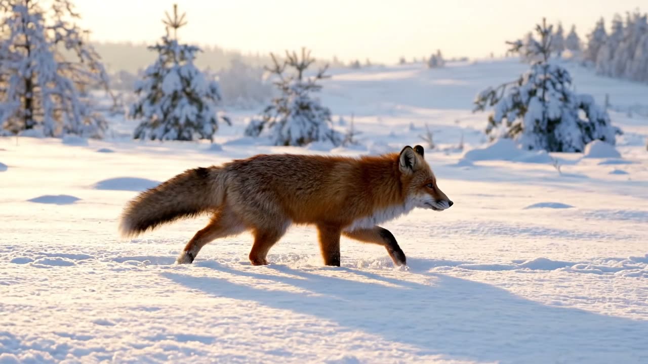 Frame from an AI video generator clip: a red fox trotting through snow at sunrise, made with Veo 3.1 Lite