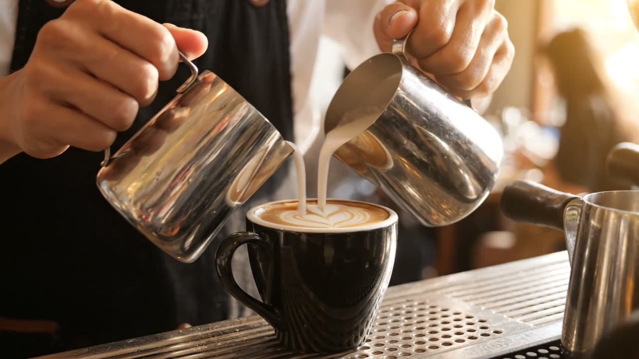 Frame from a 4-second Veo 3.1 Lite AI video: latte art being poured in a café, a clip that costs 40 credits